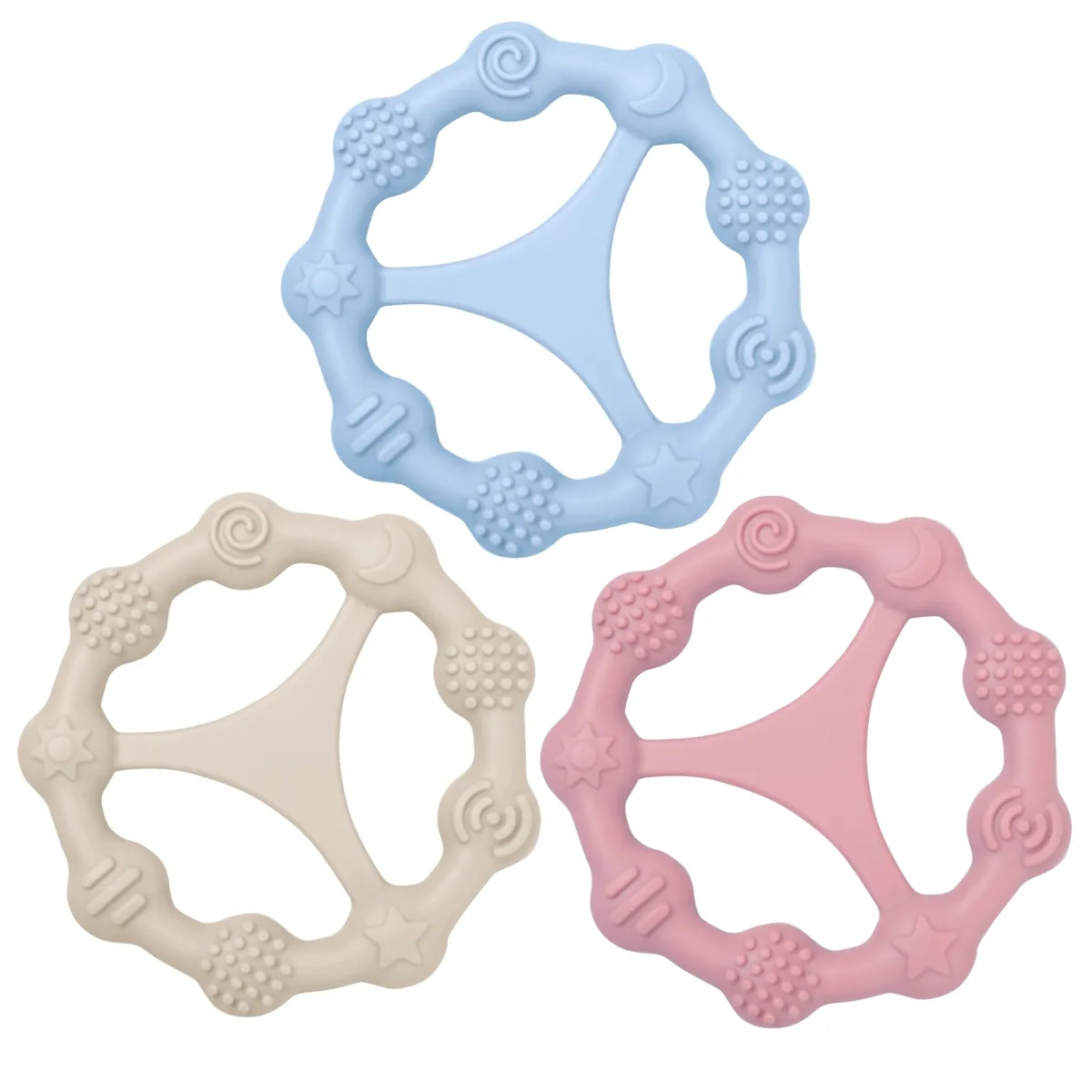Pack de tres mordedores de silicona Cunitin Baby en rosa, azul y beige